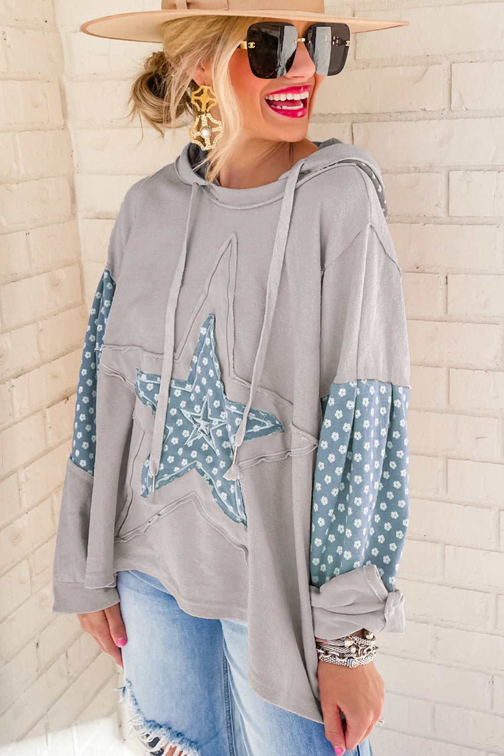 Delicacy Floral Patchwork Star Pattern Drawstring Hoodie