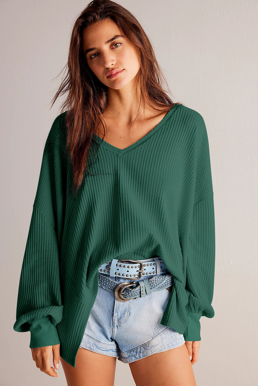 Blackish Green Waffle V Neck Drop Shoulder Loose Top