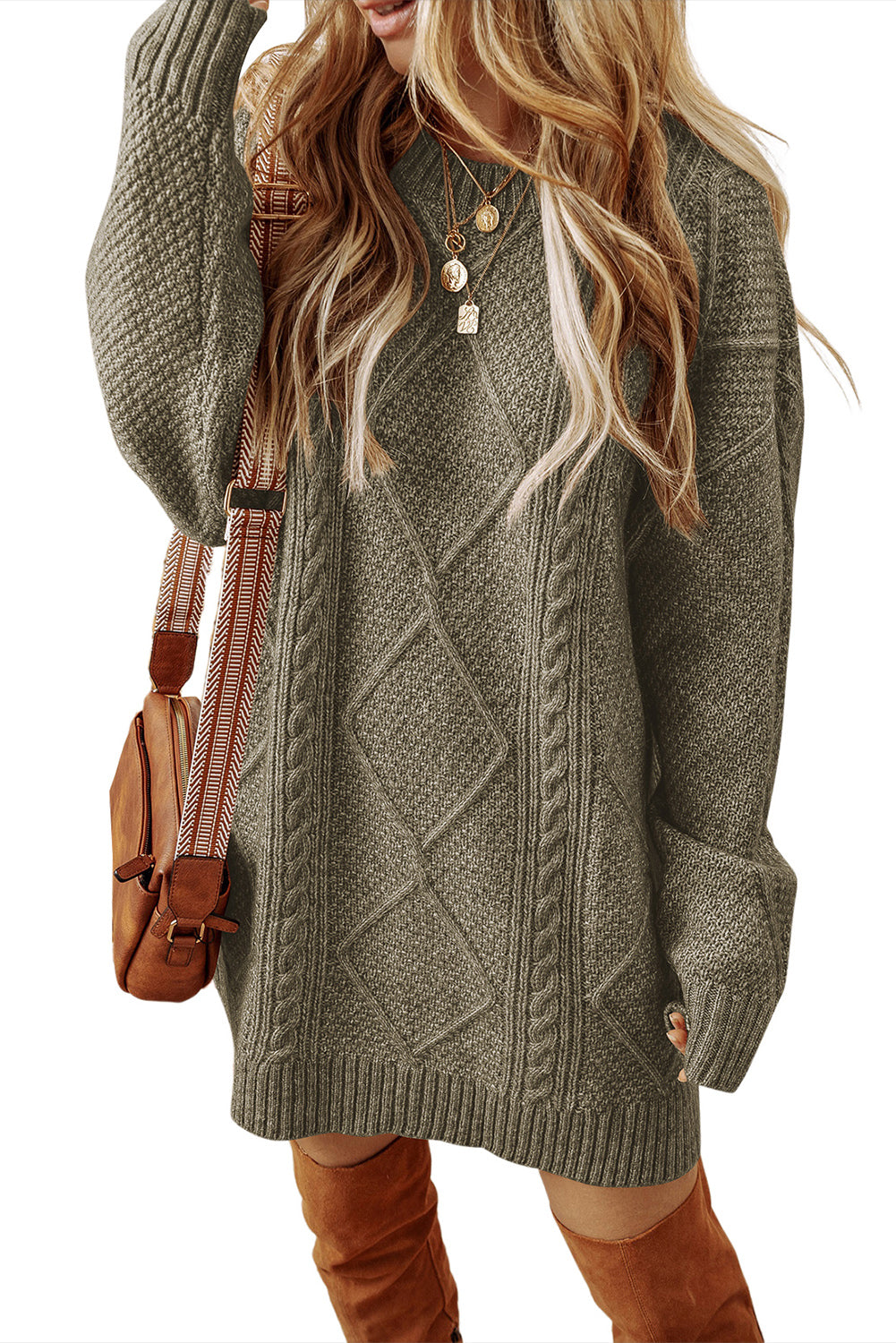 Mist Green Twist Cable Knit Drop Shoulder Loose Fit Sweater Dress