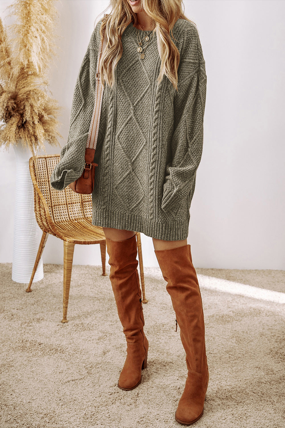 Mist Green Twist Cable Knit Drop Shoulder Loose Fit Sweater Dress