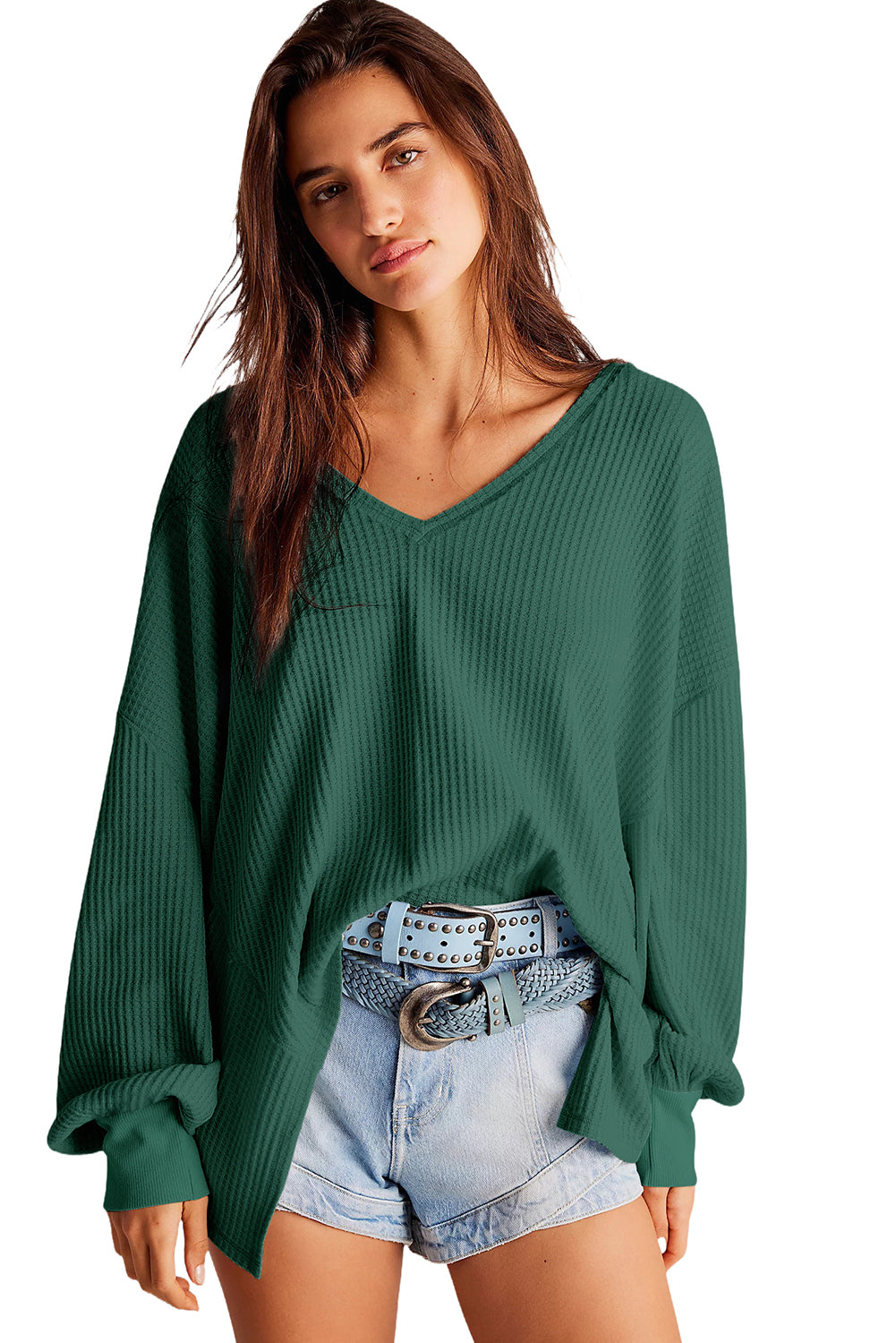 Blackish Green Waffle V Neck Drop Shoulder Loose Top