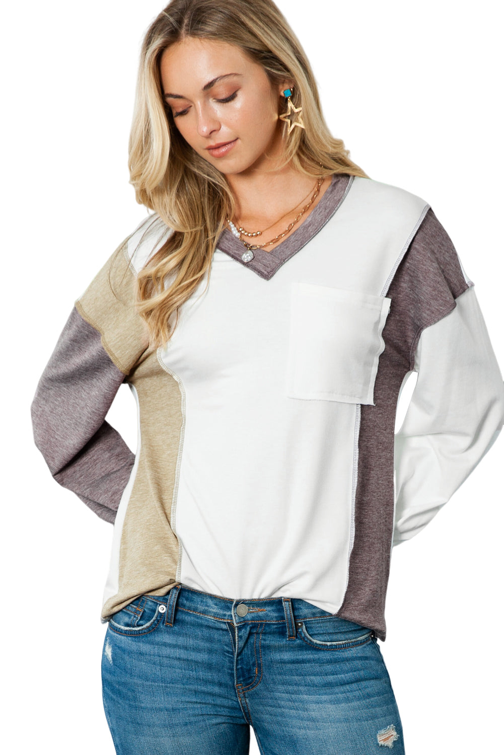 White Color Block Exposed Seam V Neck Long Sleeve Top