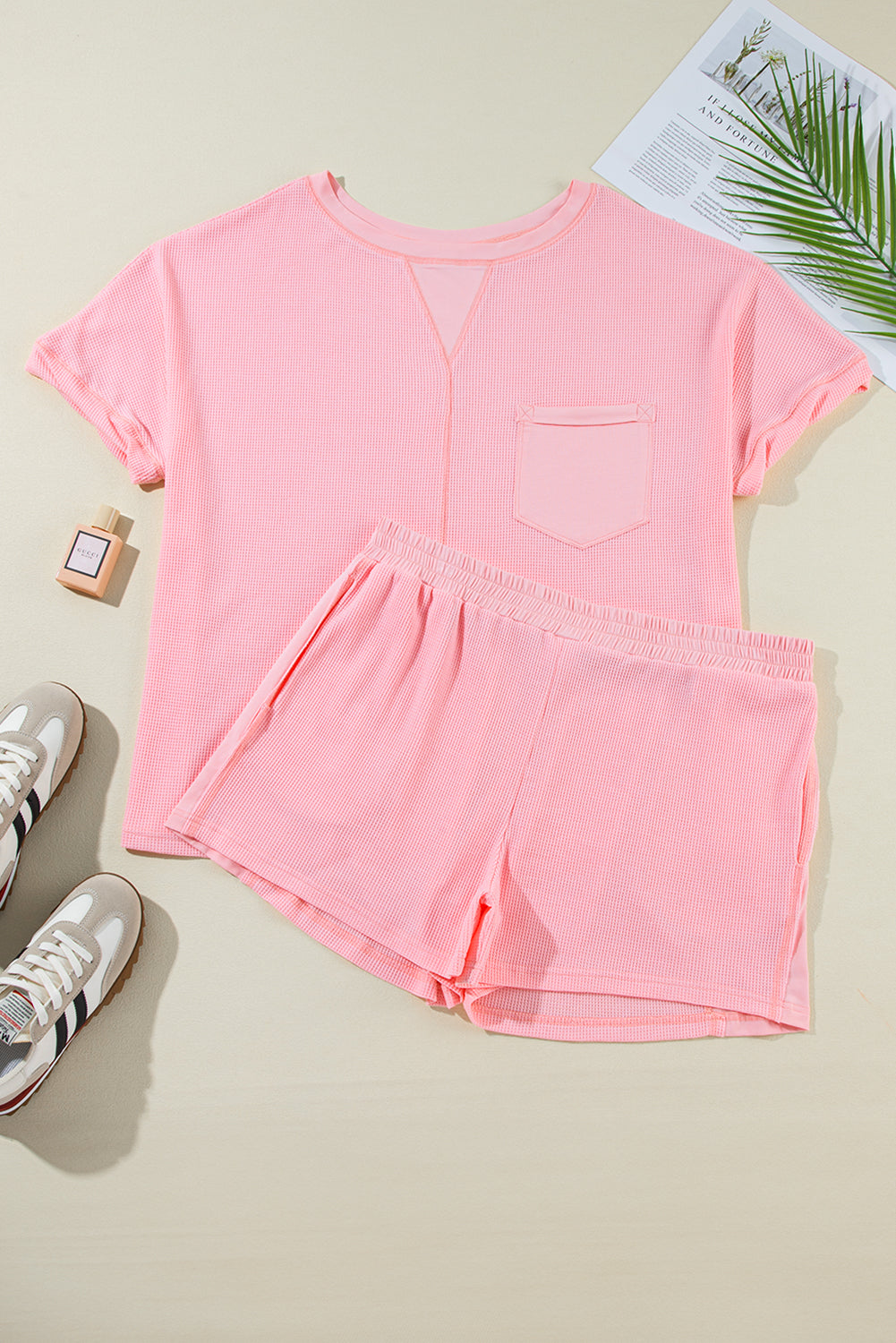 Pink Plus Size Waffle Knit Exposed Seam Tee and Shorts Set