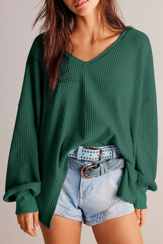 Blackish Green Waffle V Neck Drop Shoulder Loose Top