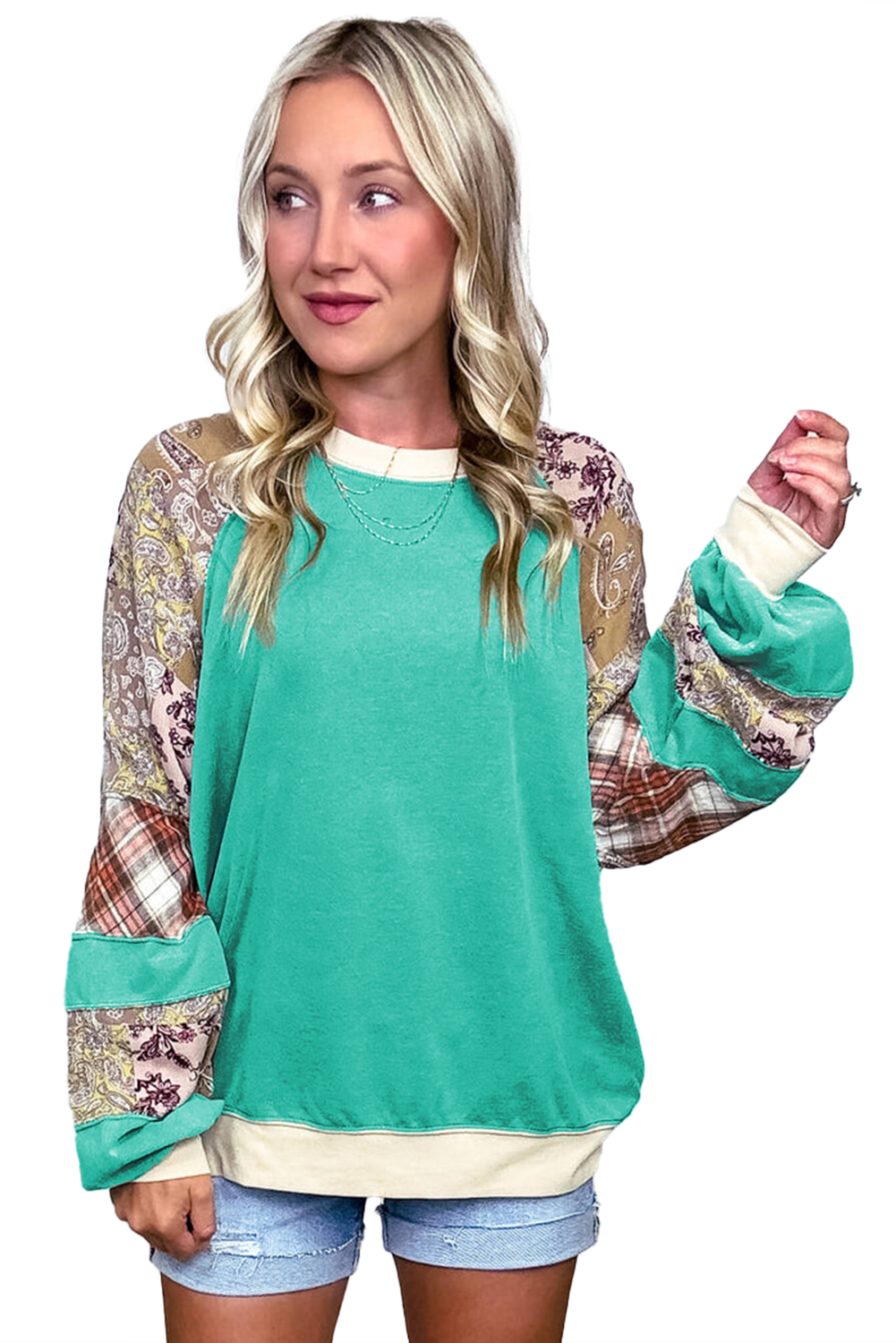 Aruba Blue Plaid Paisley Patchwork Long Sleeve Top