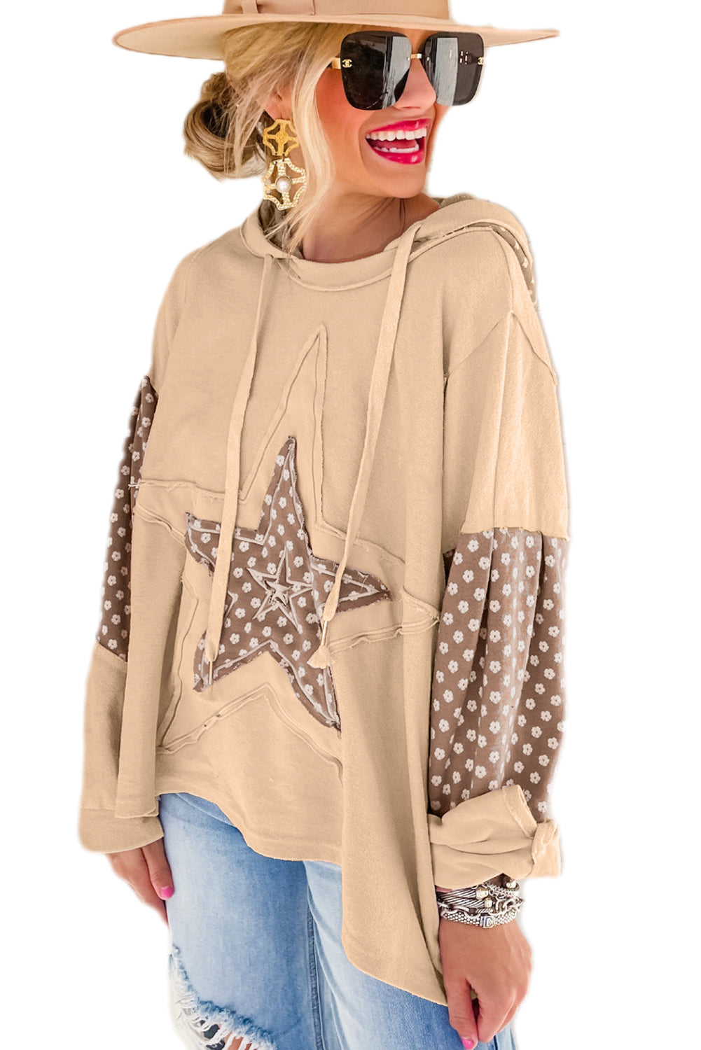 Delicacy Floral Patchwork Star Pattern Drawstring Hoodie