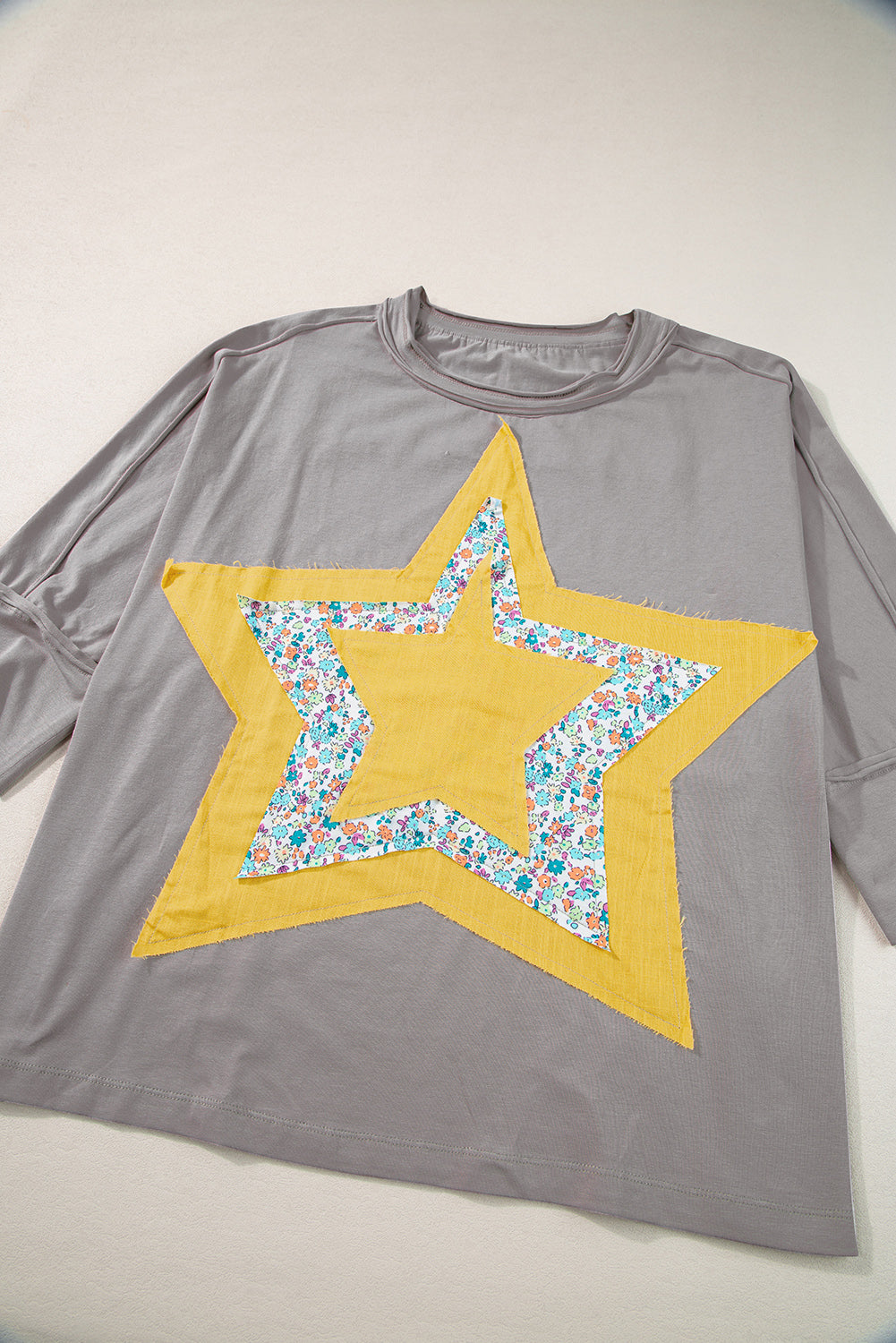 Rose Tan Floral Star Patched Exposed Seam Top