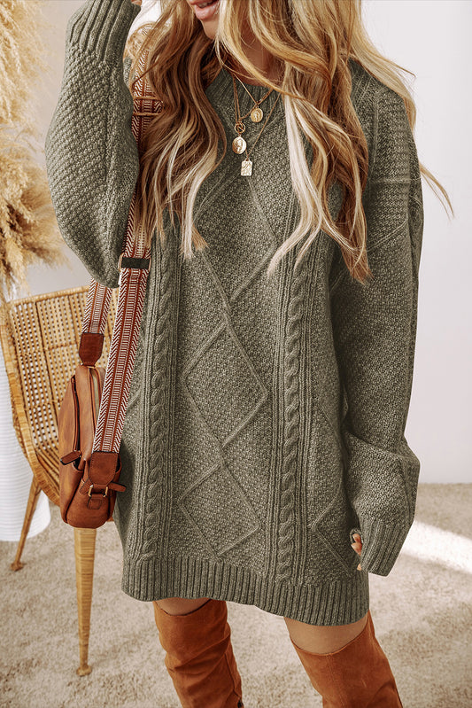 Mist Green Twist Cable Knit Drop Shoulder Loose Fit Sweater Dress